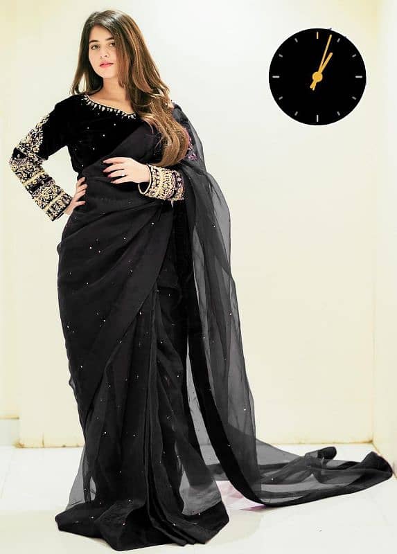 Stitched Chiffon Saree Set 3Pcs Black Embroiderd Elegance 0