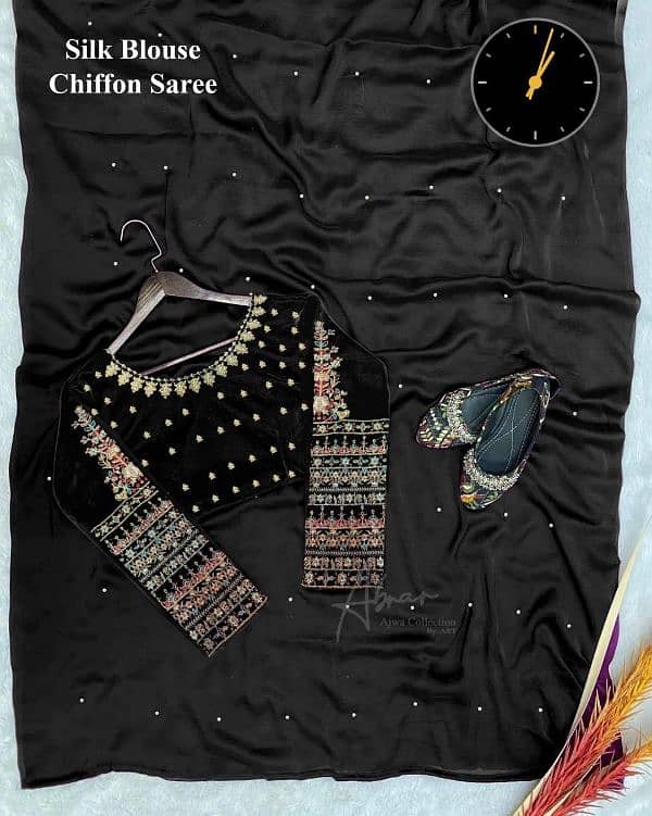 Stitched Chiffon Saree Set 3Pcs Black Embroiderd Elegance 1