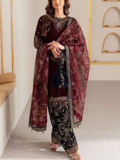 Velvet Heavy Embroidered Dress With Organza 4 Side Embroidered Dupatta