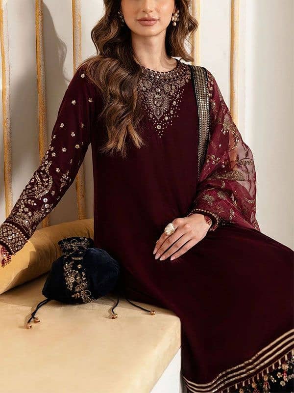 Velvet Heavy Embroidered Dress With Organza 4 Side Embroidered Dupatta 1