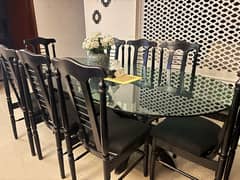 Dining table, curtains, armchairs