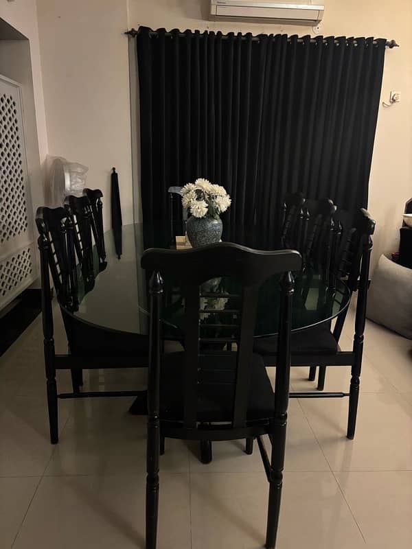 Dining table, curtains, armchairs 1