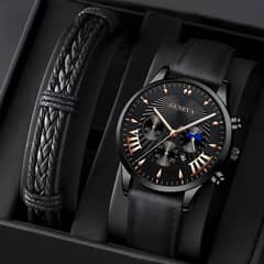 Men's casual leather Quartz watch_ Large Dial with Clender