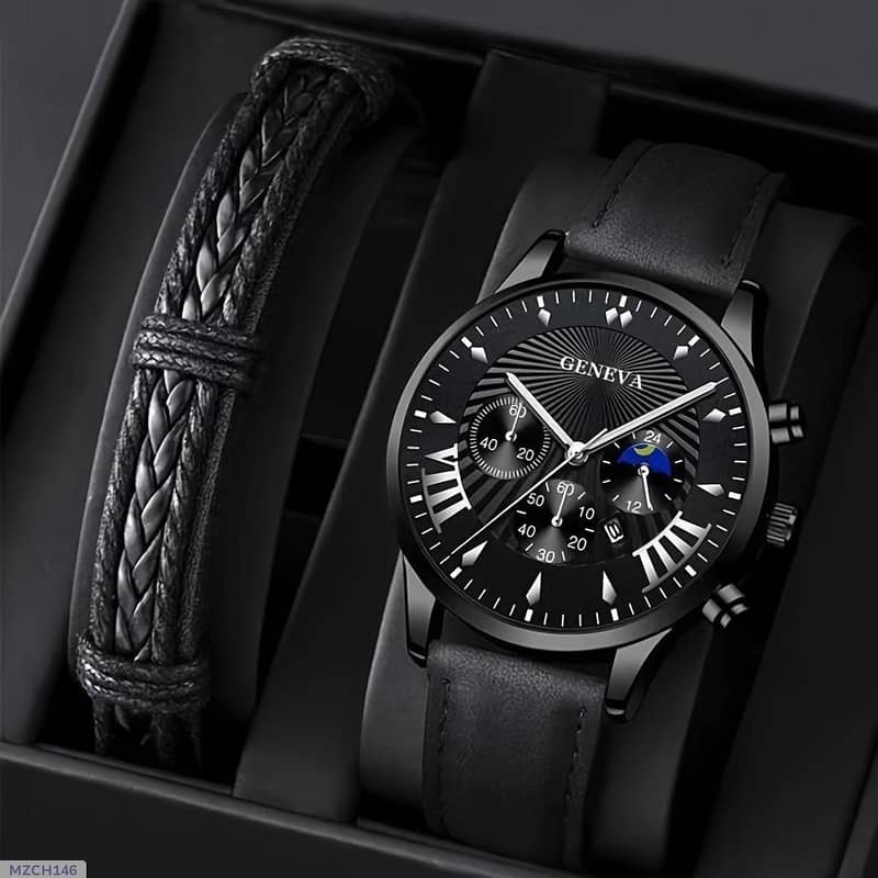 Men's casual leather Quartz watch_ Large Dial with Clender 1