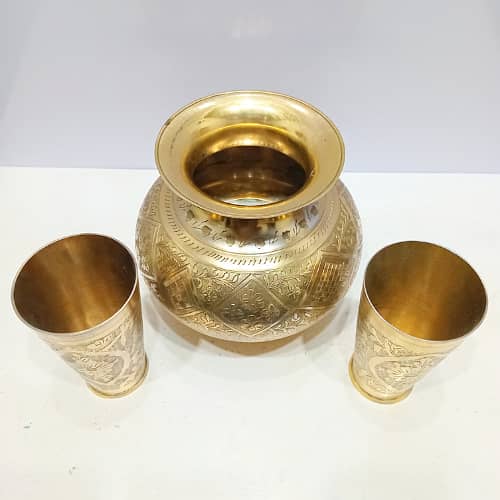 Vintage Hand-Crafted Engraved Brass Water Lota/Pot with 2 Glasses 2