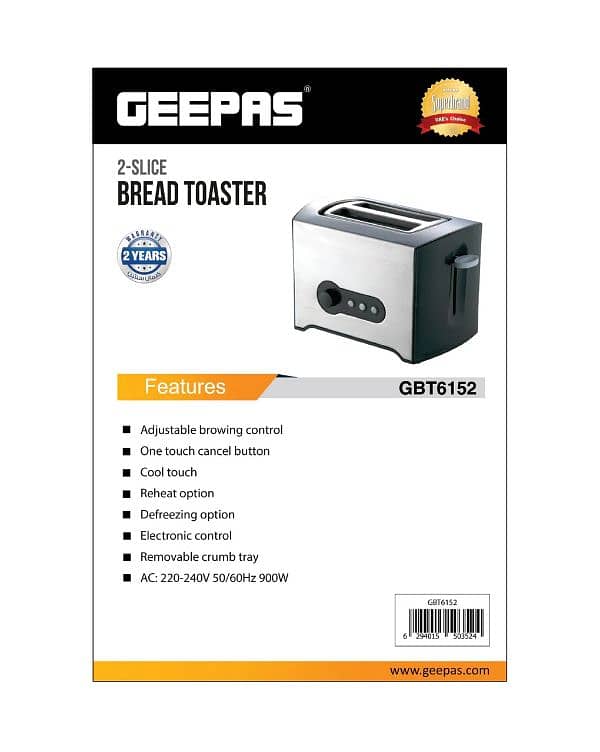 GEEPAS 2-Slice Bread Toaster 900w (GBT6152) 2