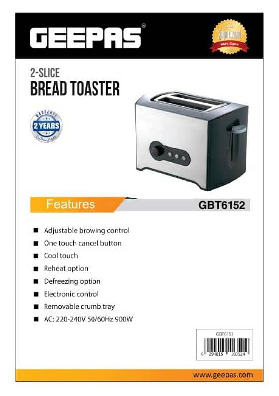 GEEPAS 2-Slice Bread Toaster 900w (GBT6152) 4