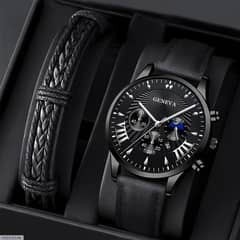 Men's Business Casual Leather Quartz Watch-large dial with calendar