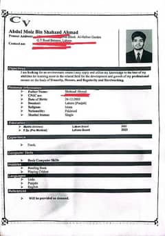 urgently job I am a student of Lahore Garrison. . . fsc pre medical. . .