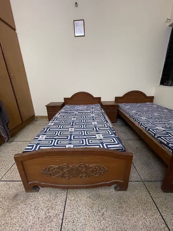 Pure wooden 2 single beds with new mattresses and 2 side tables 3