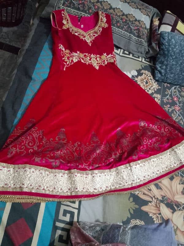 Dark pink colour Dress very well Velvet frock with good fancy work 3