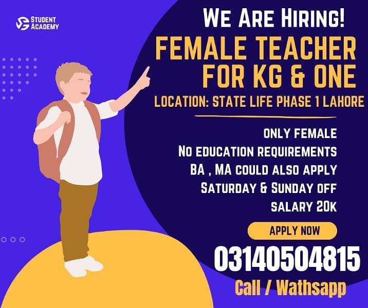 Female school teacher's required for kg and grade one (03140504815) 0