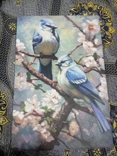 Oil painting of blue bird pairs