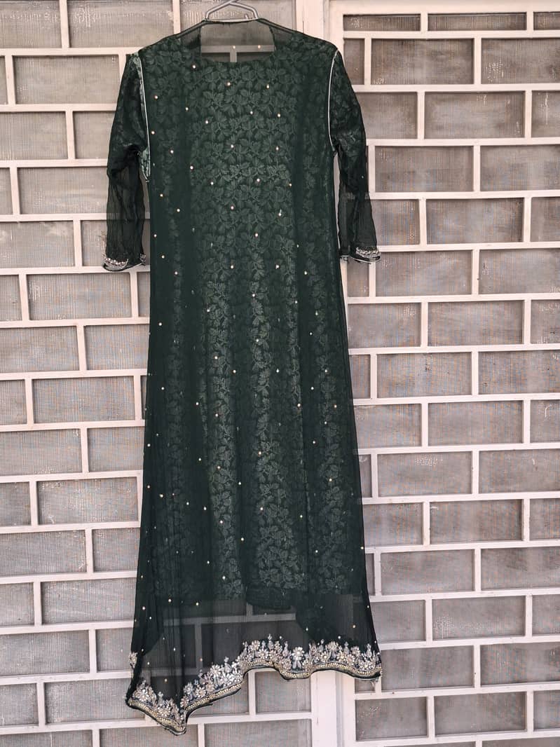 Ethnic fancy embellished bottle green gown ,medium sized 2