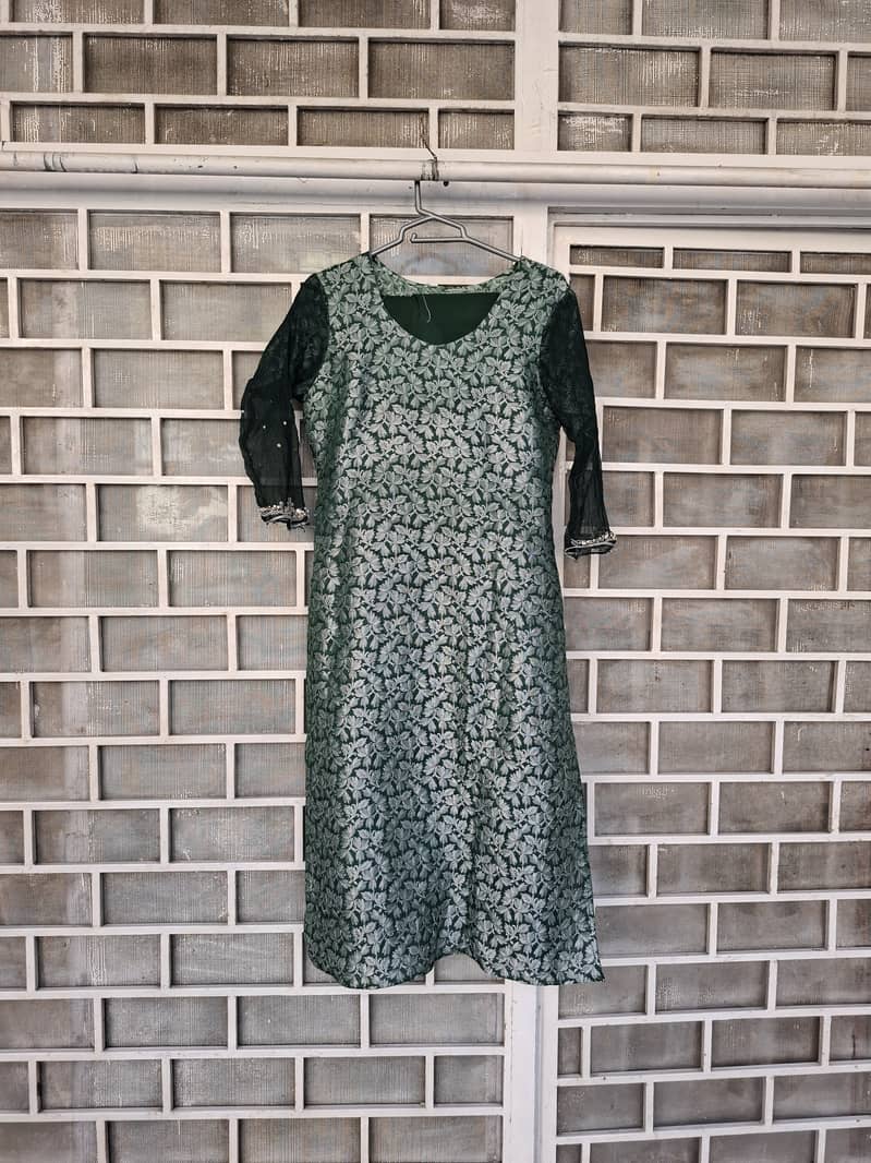 Ethnic fancy embellished bottle green gown ,medium sized 3