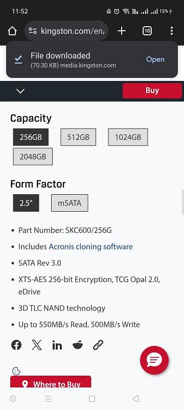 Kingston SSD KC600 256GB 2.5 Inch SATA3 2