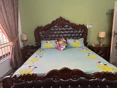 original Wood King Sized Bed With Matteress and side tables