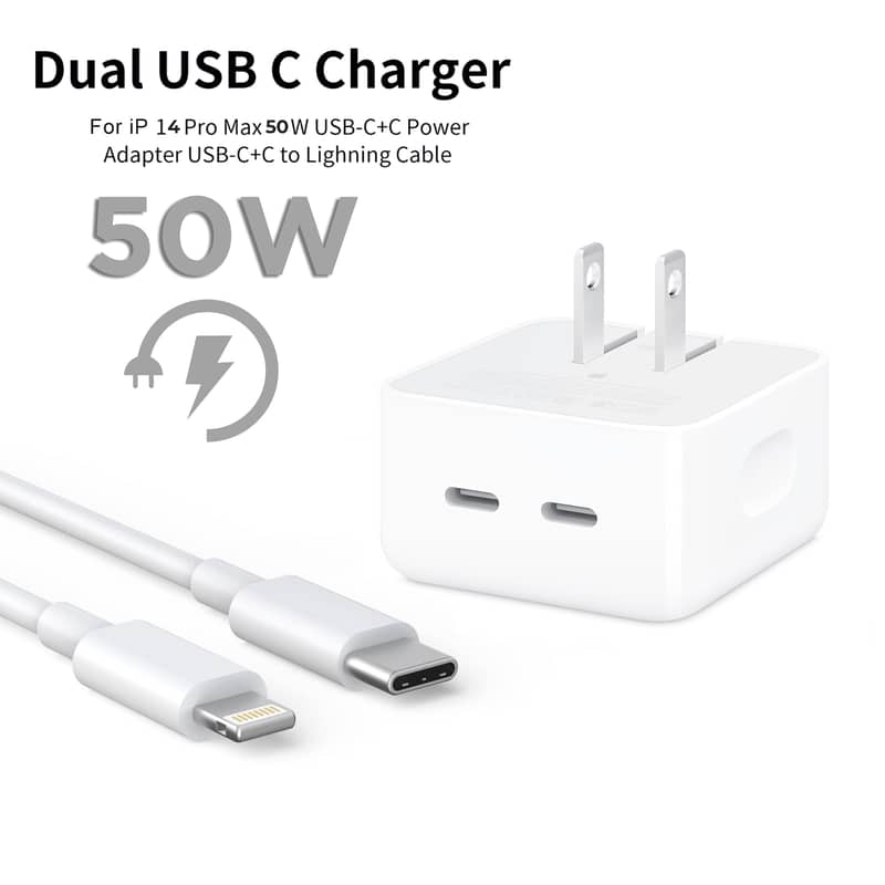 IPHONE 14 Pro 2 Pin (US/USA PIN) 50W USB-C+C POWER Adapter with Cable 0