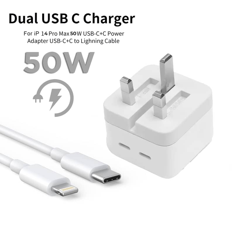 IPHONE 14 Pro 2 Pin (US/USA PIN) 50W USB-C+C POWER Adapter with Cable 1