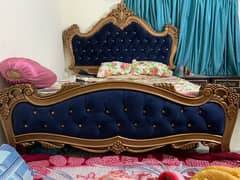 King Size Wooden Bed with Velvet Upholstery and Classic Carved Design