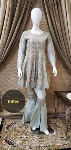 Brand (Differ) 3 piece suit Katdana short frock with gharara & dupatta