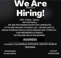 We are hiring male and female CSR (calling +chating )- Apply Now