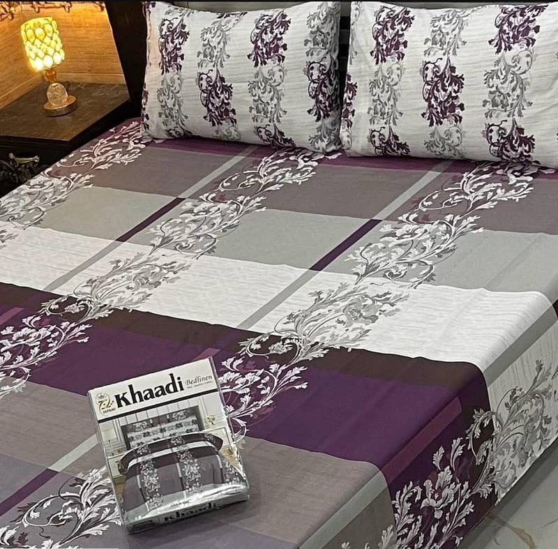 3 Pcs Cotton Salonica Printed Double bed sheet 0