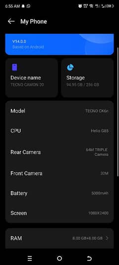 Tecno camon 20 8+8gb ram 256gb rom