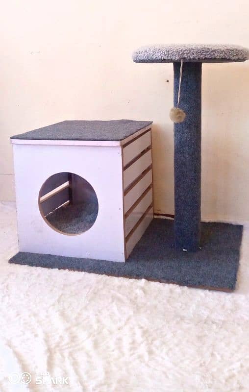 wooden cat house with playing tower for cats of all ages and sizes 3