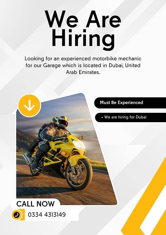 Experienced Motarbike Mechanic Wanted For Our Garage in Dubai 0