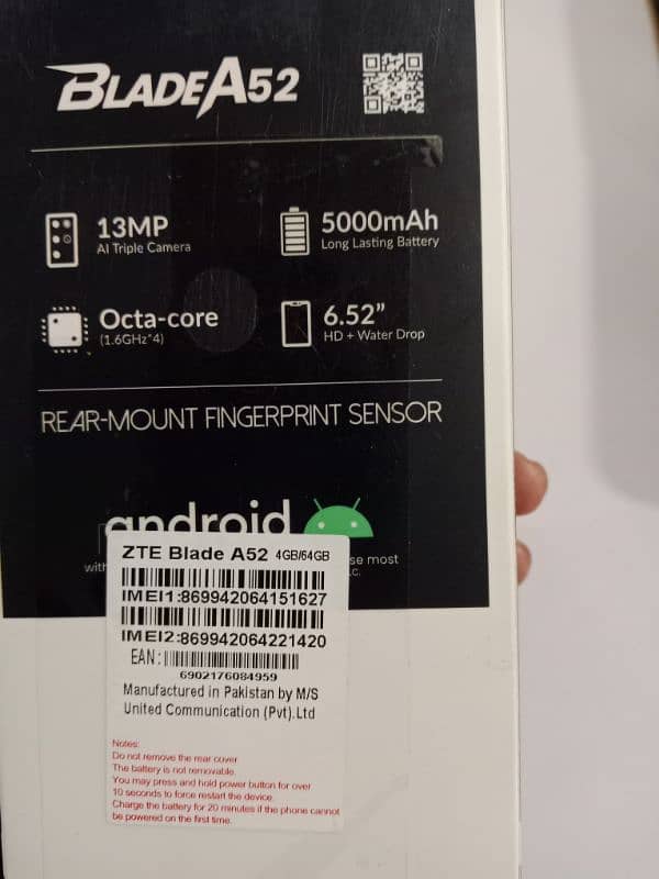 ZTE blade A52 4gb 64gb available for sale with box 3