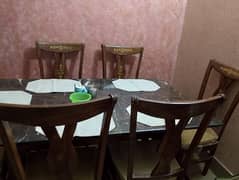 Wood Dining table with 6 Chairs and marble top