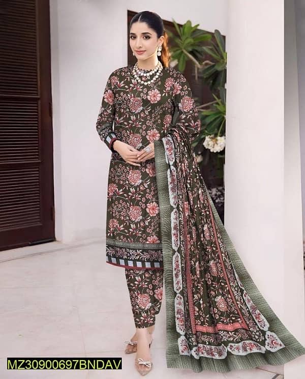 3 Pcs Women’s Unstitched Khaddar Printed Suit 0