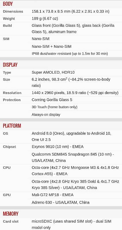 Samsung s9plus mobile for Sale 6 GB Ram 64 GB Memory 6