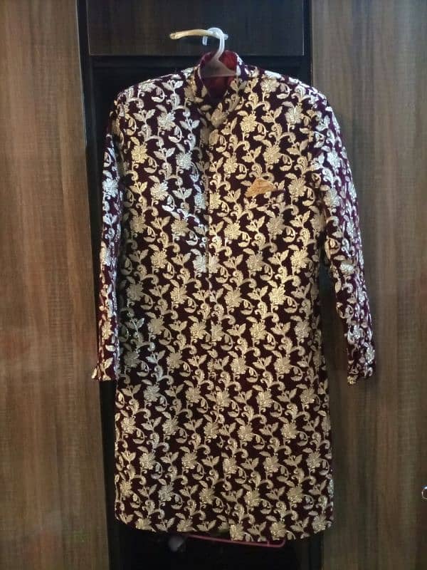 maroon sharwani with gold tilla work 1