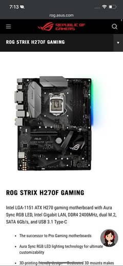 Argent for sell ROG STRIX H270F GAMING Motherboard and processor