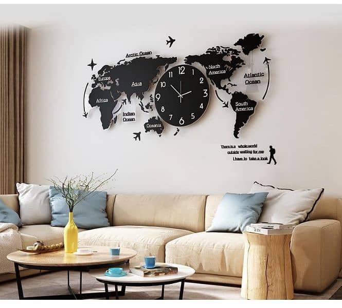 Modern 3D Art MDF worldmap wall frame with clock 1