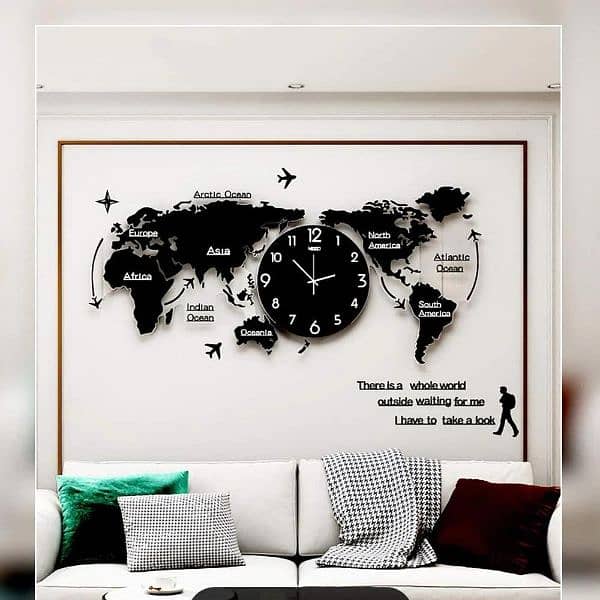 Modern 3D Art MDF worldmap wall frame with clock 2