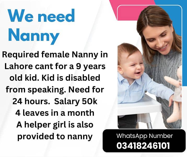 Required female Nanny in Lahore cant for a 9 years old kid 0