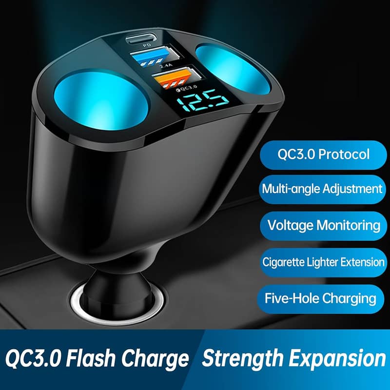 Multi-Function Car Charger, Multi Socket, 4Sockets+2USB+PD for All Car 5