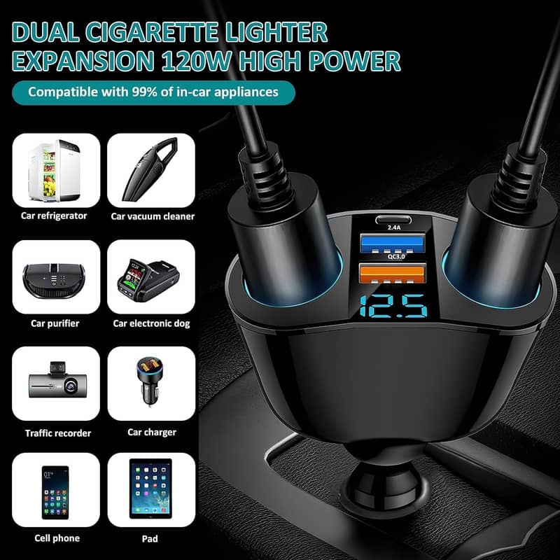 Multi-Function Car Charger, Multi Socket, 4Sockets+2USB+PD for All Car 7