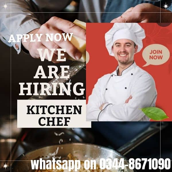 We are looking for  skilled Kitchen Chef who can prepare pizza,burgers 0