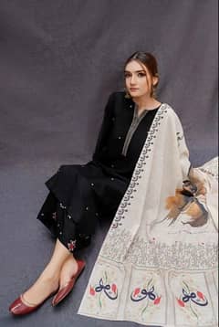 stunning black embroidered suit 3 pic set with printed wool shawl