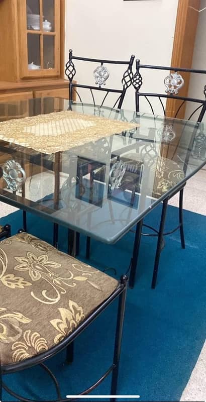 Elegant Glass Dining Table with 4 Stylish Iron Chairs and Cushion 2