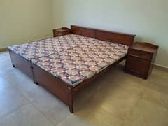 Solid Wood 2 Single Beds With Side Tables And With Matress