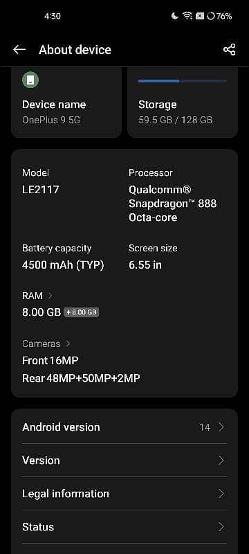 OnePlus 9.8 128 ram ROM h all ok h  android version 14exchange possibl 6