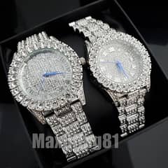 Hip Hop Full Iced Lab Diamond White Gold Metal Blinb Couple Watch