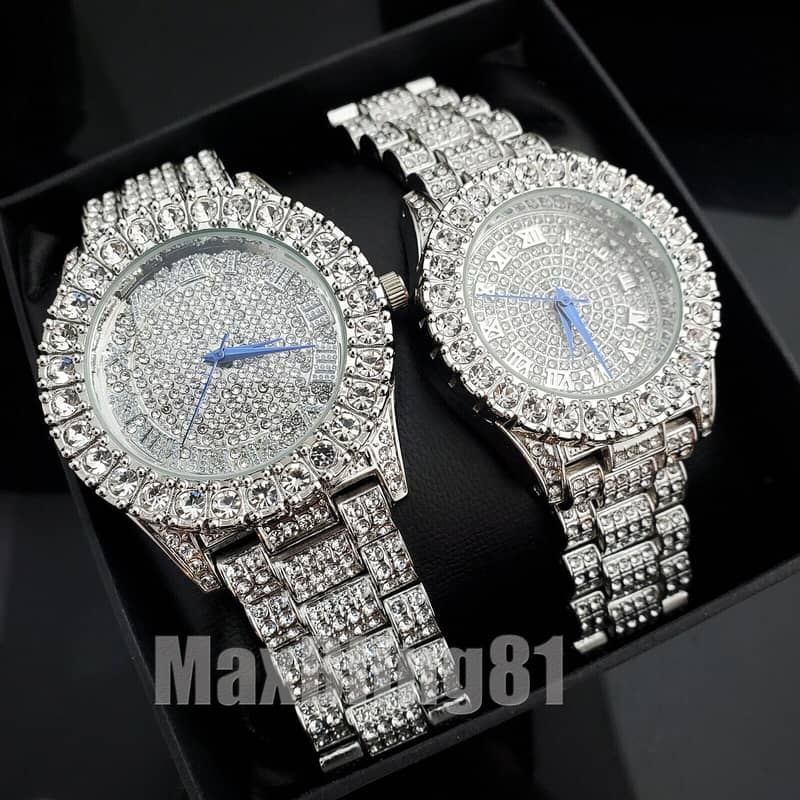 Hip Hop Full Iced Lab Diamond White Gold Metal Blinb Couple Watch 0