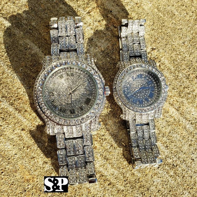 Hip Hop Full Iced Lab Diamond White Gold Metal Blinb Couple Watch 2