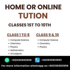 Class 1st to 10th Home/Online Tuition(all boards)